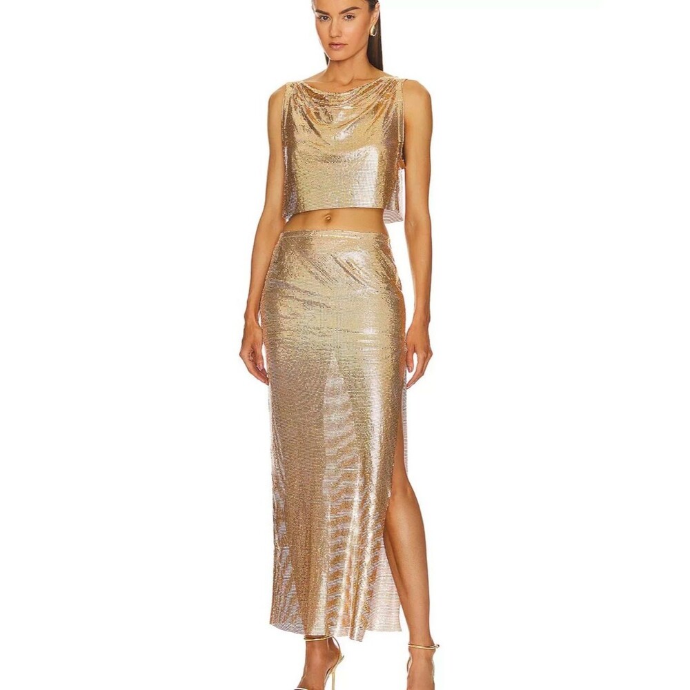 🆕 LOVERS and FRIENDS Sasha Gold Metallic Maxi high slit Skirt, party luxury